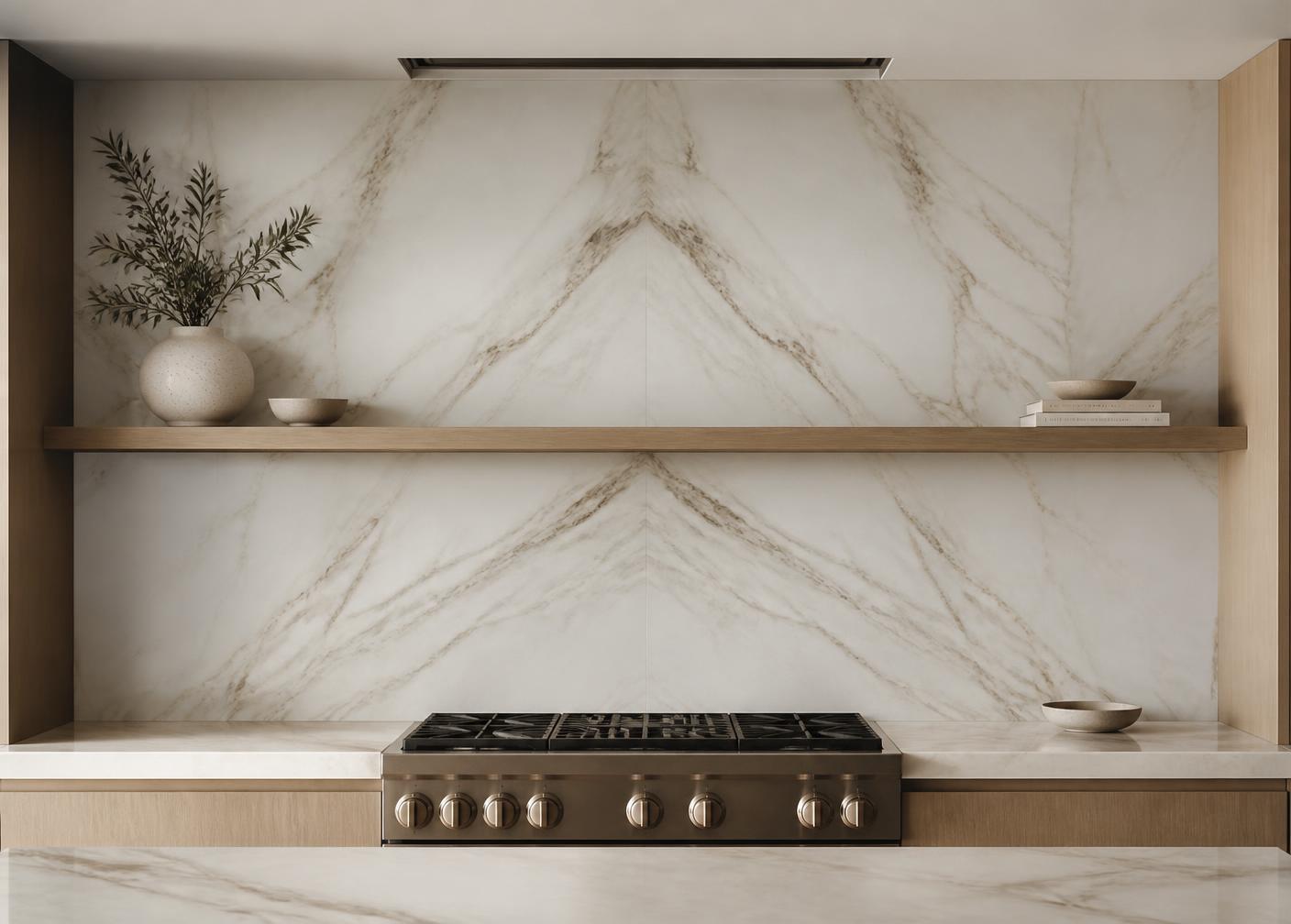 Bookmatched marble full-height backsplash behind a kitchen range