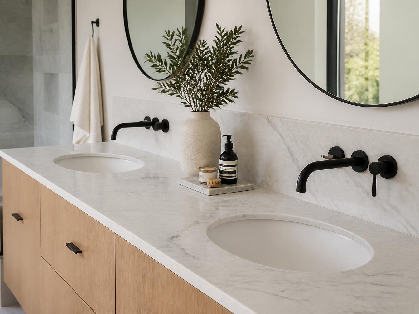 Marble double vanity top with undermount basins