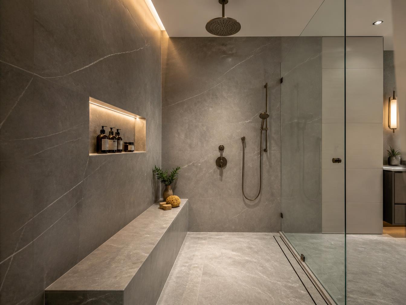 Stone wall panel and shower bench detail