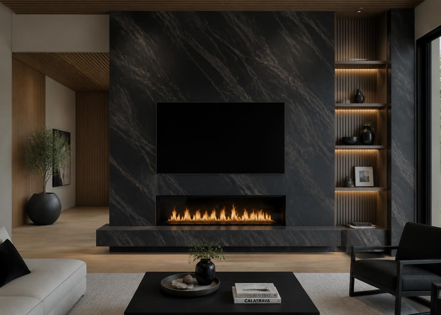 Floor-to-ceiling black marble fireplace feature wall with a floating hearth