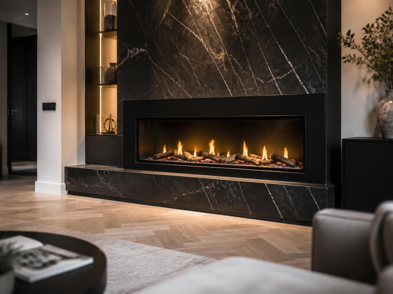Modern black marble fireplace with linear burner