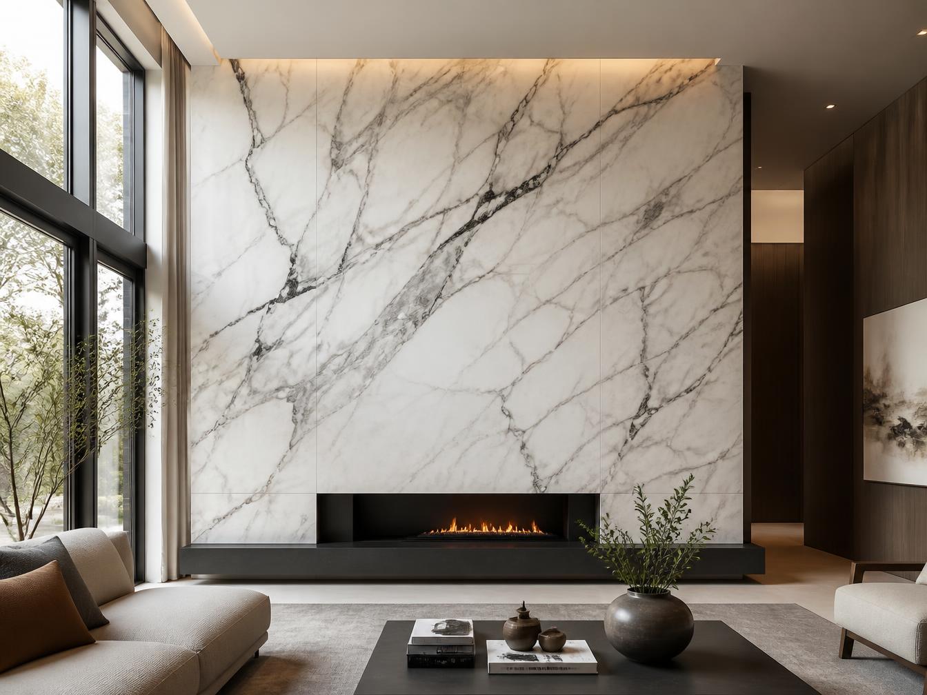 Floor-to-ceiling white and grey veined marble fireplace wall