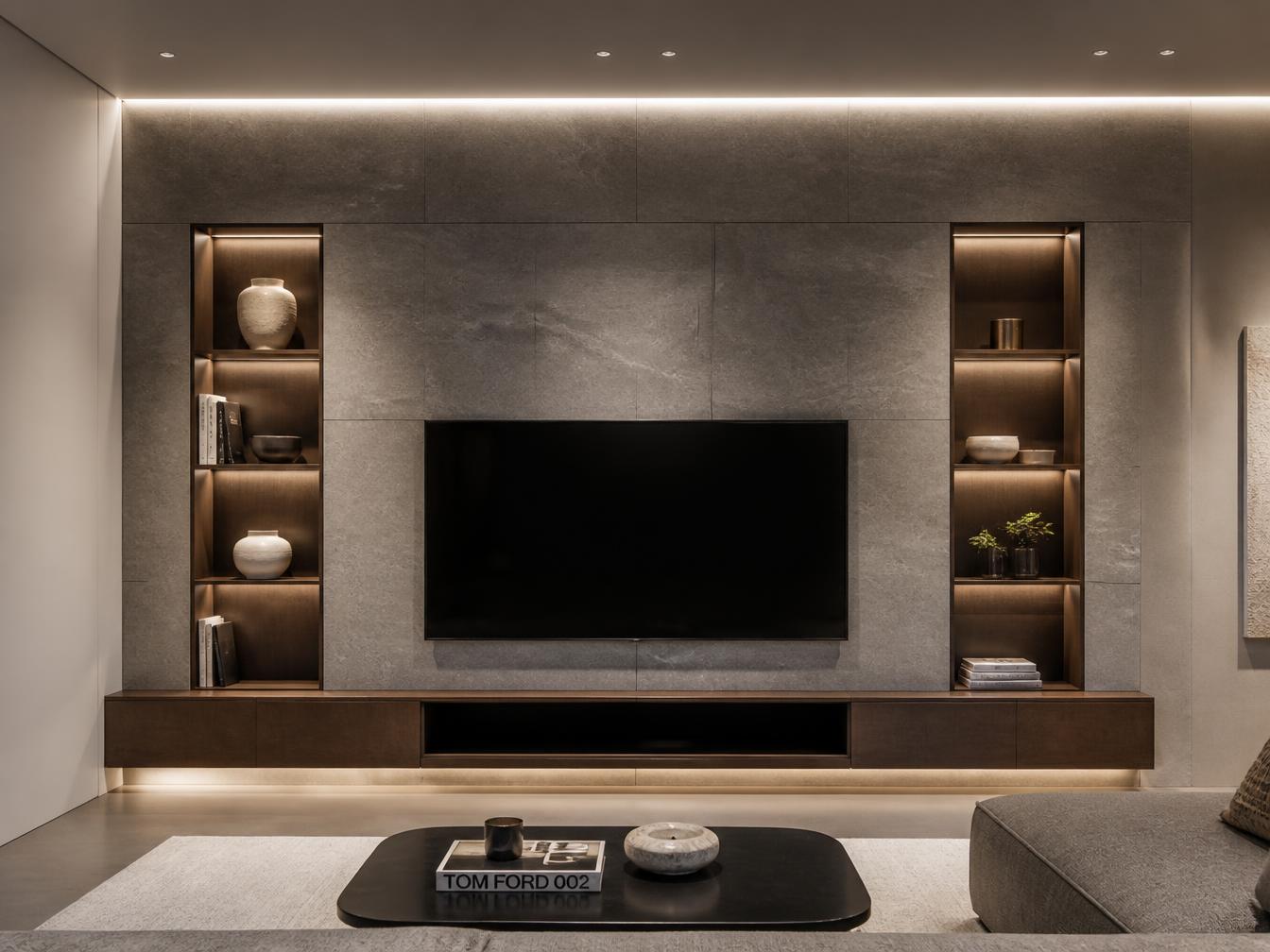 Stone TV feature wall with integrated walnut shelving