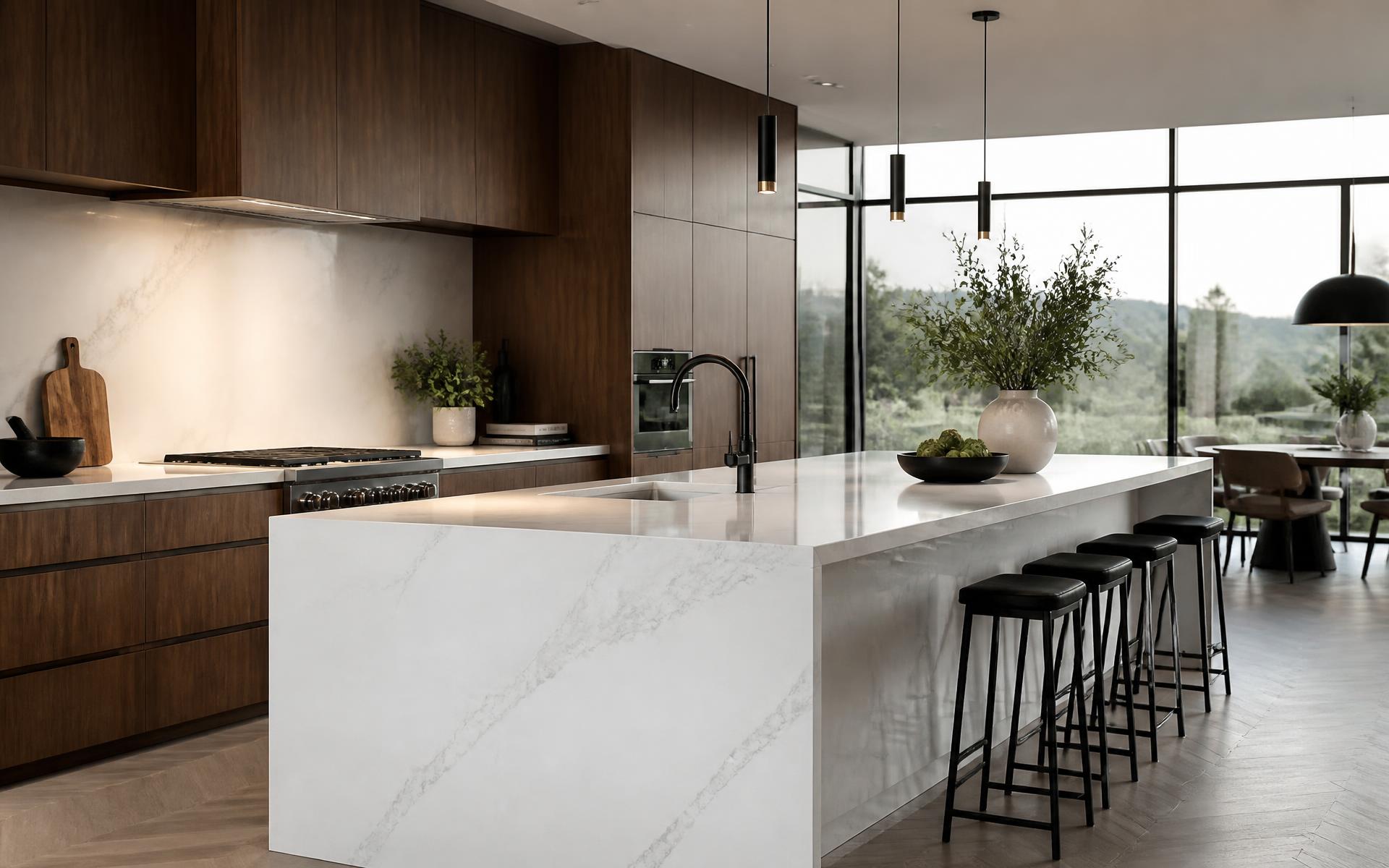Luxury modern kitchen with a white quartz waterfall island and walnut cabinetry