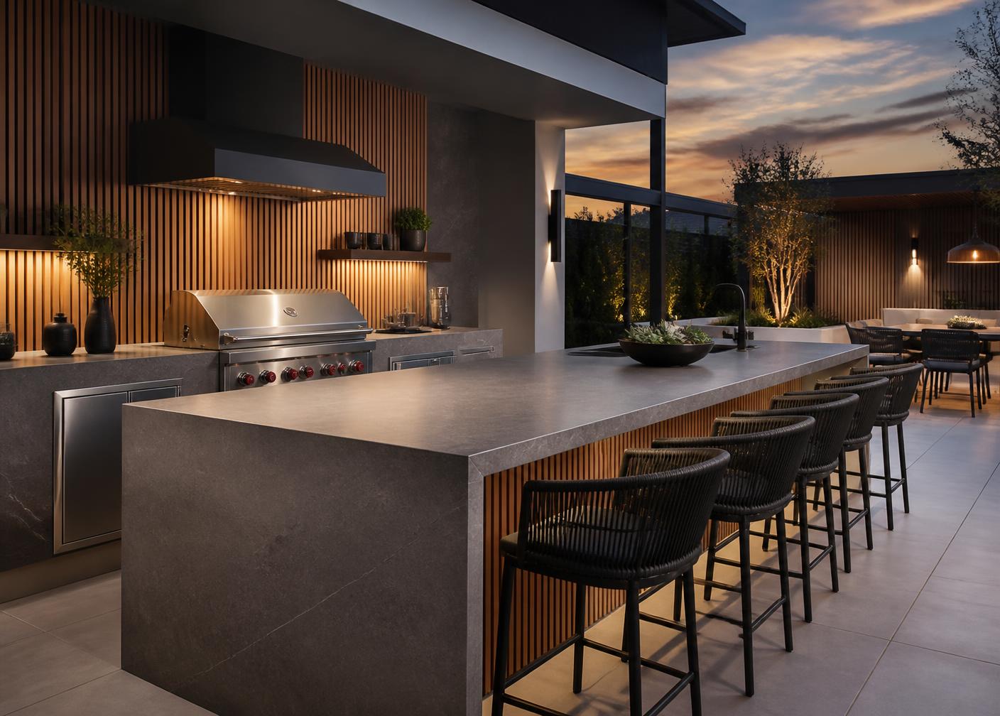 Outdoor kitchen island finished in grey porcelain