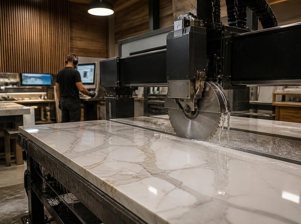CNC machine cutting a marble slab in our Ottawa fabrication facility